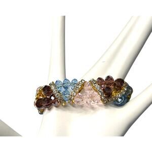 Fun Fashion Stretch Bracelet Blue Pink and Purple Beads, Gold Tone Bars Crystals